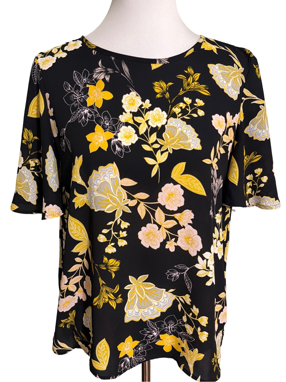 LOFT Black Floral Short Sleeve Blouse with Yellow & Pink Accents